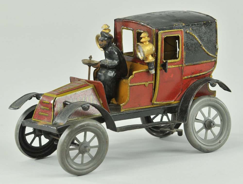 CHARLES ROSSIGNOL RENAULT "TAXI DE LA MARNE": France, c. 1920's, very elegant tin litho taxi, done in exacting scale, seated driver, colorful brown, cast side lanterns, spoke wheels, while a couple of versions were made by Rossignol, each contain