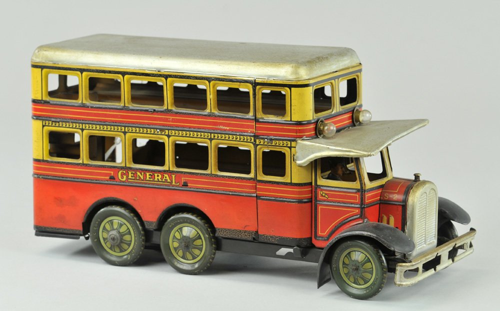 GUNTHERMANN DOUBLE DECKER BUS: Germany, lithographed tin, an elaborately detailed autobus with electric lights on canopy roof, red and yellow body, "General" on sides, seated bus driver, tin litho disc wheels, interior bench seatin