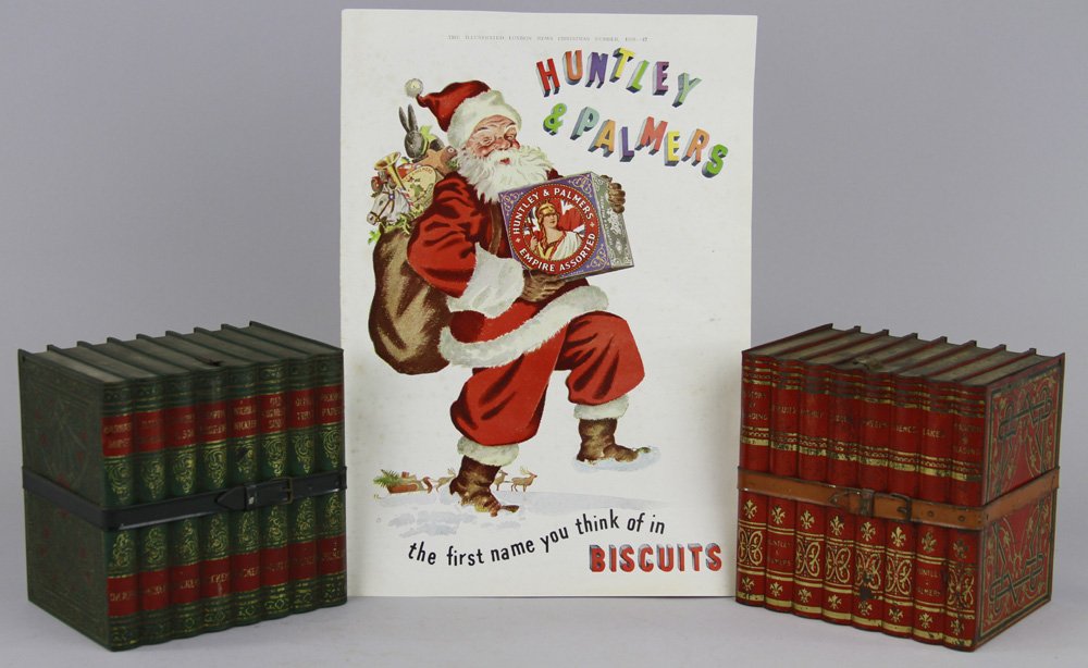 HUNTLEY & PALMERS "LIBRARY" BOOK BISCUIT TINS: England, c. 1900, lithographed tin, well scaled to simulate row of eight red books, hinged lid, book mark pull tab, strap & buckle, together with Huntley & Palmers "Literature," c. 1902, set of eight 