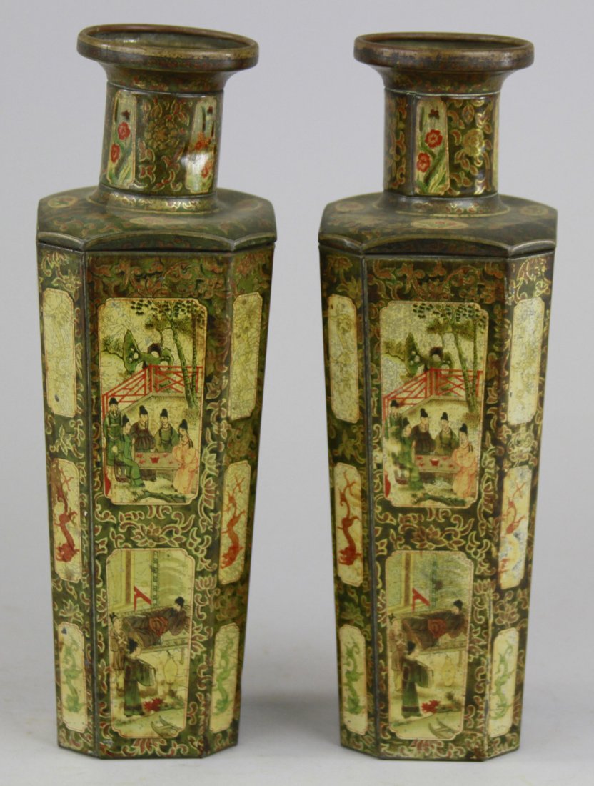 HUNTLEY & PALMERS VASES & PEDESTAL BISCUIT TINS: England, lithographed tin, oriental designs surround pair of matching vases, deeply embossed figurals on all four sides of pedestal, made to look like granite. 7 1/2" - 10" h.