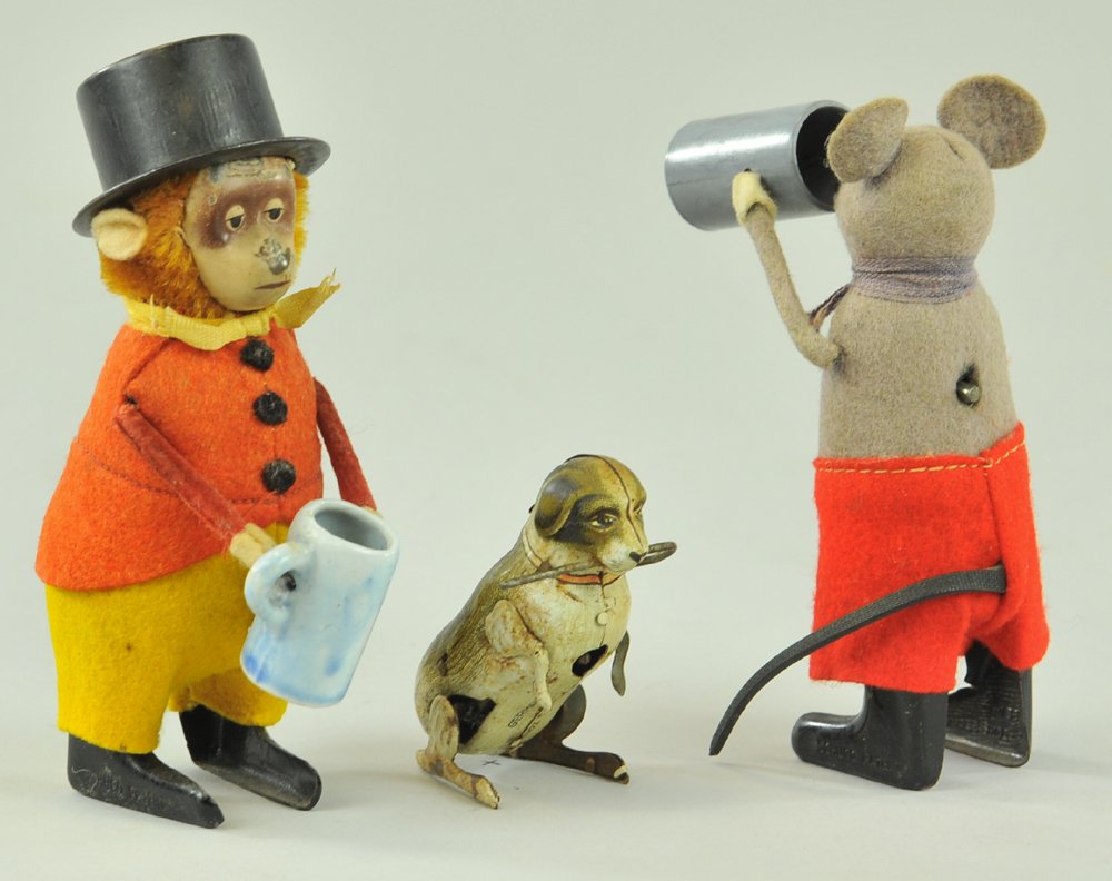 LOT OF SCHUCO FIGURES: Germany, includes Monkey in top hat drinking from stein, mouse drinking from stein and small tin dog holding cane in mouth, marked "Germany," not Schuco. 2 1/2" - 5" h.