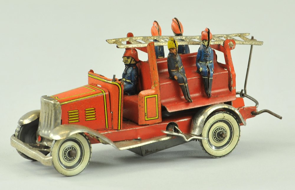 FIRE LADDER TRUCK PENNY TOY: Germany, elaborate lithographed tin ladder truck containing five seated firemen & overhead ladder, nickel bumpers & fenders, clockwork mechanism. 4 1/4" l.