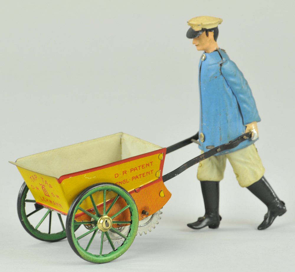 LEHMANN TAP-TAP: Germany, lithographed tin, depicts man pushing wheelbarrow, green spoke wheels, clockwork mechanism. 6 1/4" l.