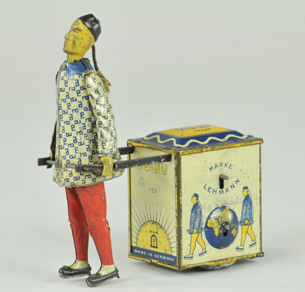 LEHMANN NU-NU: Germany, lithographed tin, colorful depiction of Chinaman pulling chest of tea, clockwork mechanism concealed within, wheels under chest allow easy motion. 5" l.