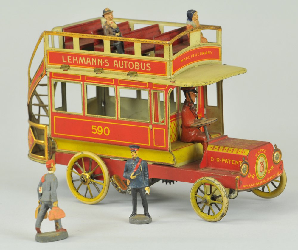 LEHMANN AUTOBUS: Germany, red lithographed version, double decker bus w/open bench seating, rear stairway, seated driver, four passengers, clockwork driven. 7" l.