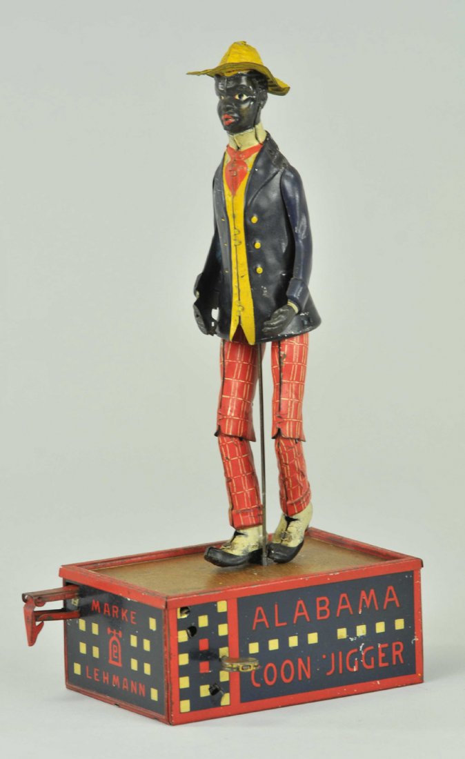 LEHMANN OH-MY JIGGER TOY: Germany, lithographed tin, depicts popular dancer box stage, clockwork driven, very colorful. 10" h.
