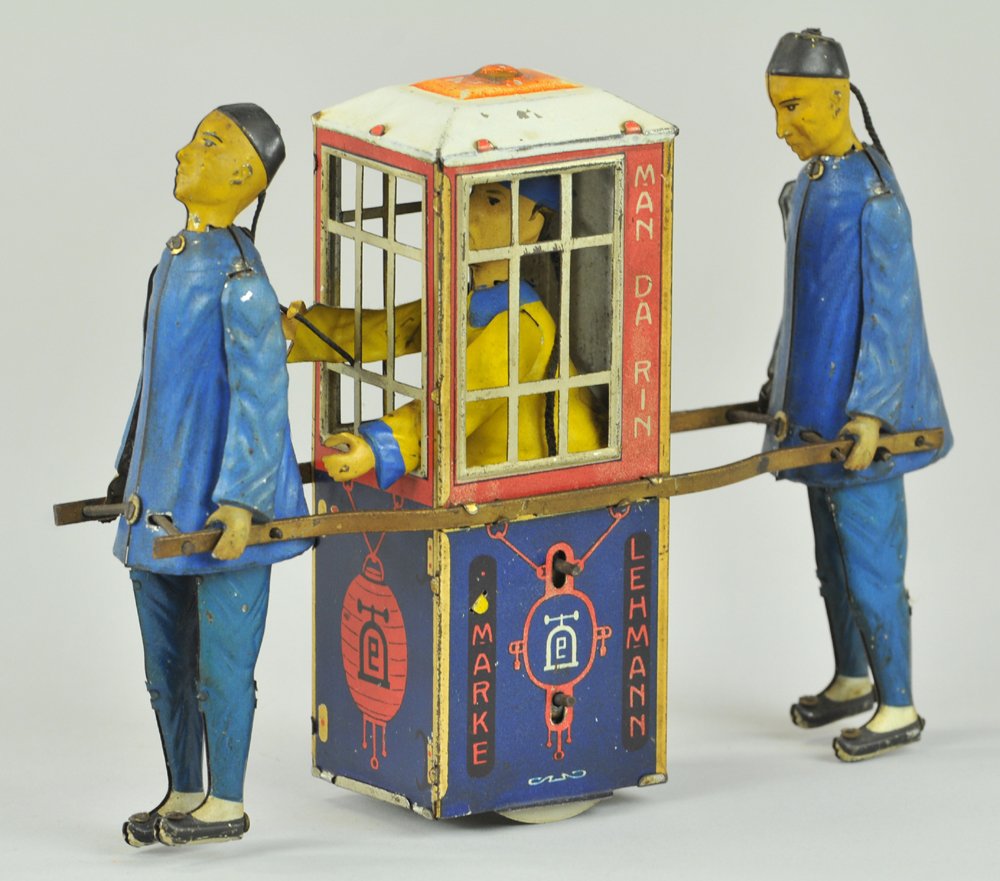 LEMANN MANDARIN: Germany, well detailed tin toy, depicts two coolies carrying sedan chair w/seated Chinese Mandarin, clockwork driven. 7 1/4" l.