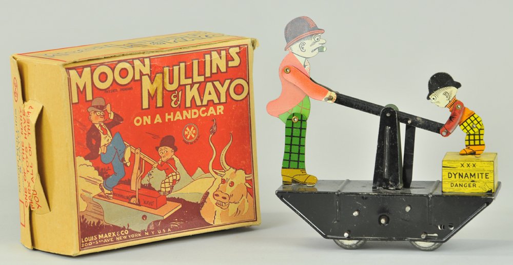 MOON MULLINS & KAYO HANDCAR WITH BOX: Louis Marx, lithographed tin, black handcar version, depicts popular character on clockwork driven handcar. 6" h.