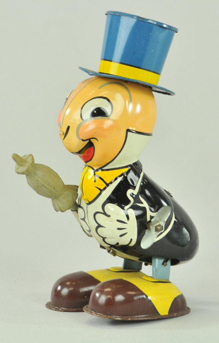 JIMINY CRICKET: Linemar, Japan, lithographed tin, depicted in full tux and top hat, clockwork driven. 7" h.