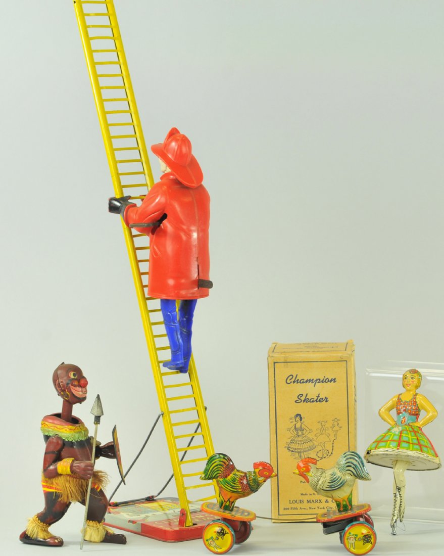 GROUPING OF TIN TOYS: Lot of lithographed tin toys with wind-up actions include: Fighting Hens on wheeled platform, Champion Skater by Louis Marx (missing key wind), Pango Pango Amusing Native toy, and Plastic Climbing Fir