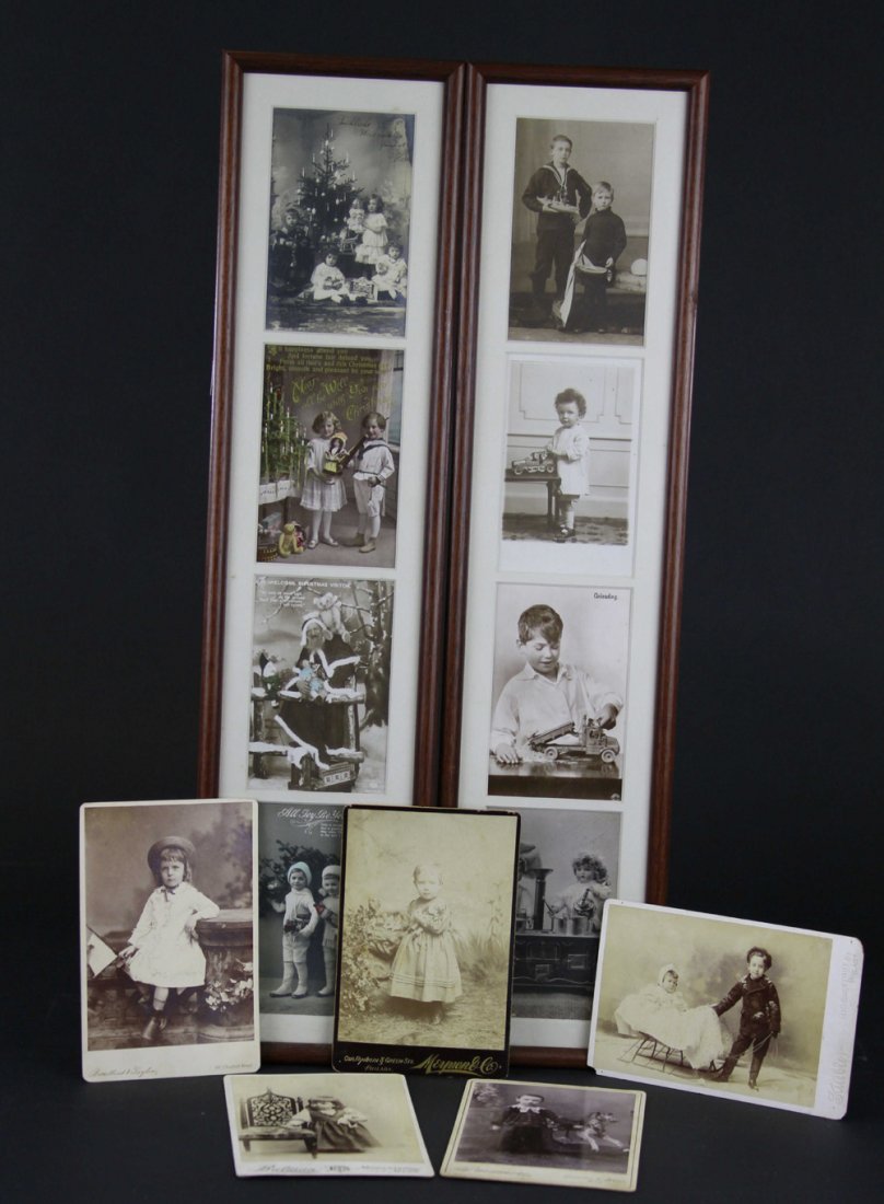 TWO FRAMED PHOTO BOARDS: Great imagery of children photographed with toys, many are familiar, such as Arcade Mack and German kitchen set, some with Christmas tree backgrounds, includes some photos with frames. 23" h.