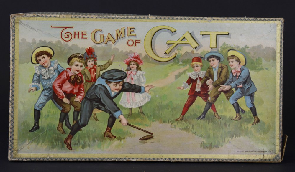 CHAFEE & SELCHOW "THE GAME OF CAT": Copr. 1898, great lid imagery, heavy wood sided box, game pieces and spinner included, part of box edge replaced, bright graphics. 10 1/2" x 19 1/2".