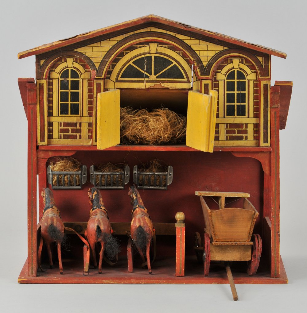 GOTTSCHALK STABLE WITH DORMER: Germany, early wood stable with upper level dormer featuring opening door & paper litho covering, stalls include three hand painted composition horses, well detailed interior includes separate stalls