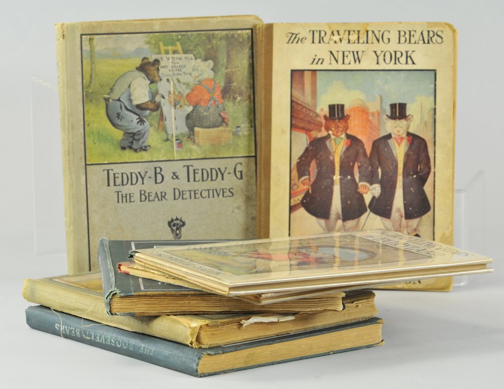 "TEDDY B" & "TEDDY G" ROOSEVELT BEAR BOOKS: BY SEYMORE EATON Assorted grouping includes, The Traveling Bears in New York, The Bear Detectives, Outdoor Sports, and The Roosevelt Bears Book.