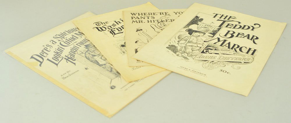 ASSORTED MUSIC SHEET SONG LOT: Extremely rare, early 1900's, four song sheets with cover drawings by Clifford Berryman, includes: The Teddy Bear March, A Ben Judson Arrangement, The Washington Evening Star March, and song spoof on
