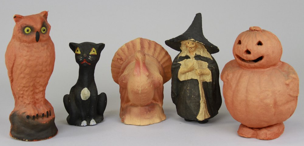 GROUP OF FIVE PULP HALLOWEEN FIGURES: Includes a great looking glass eyed owl, witch, black cat, turkey, and pumpkin man. All made in U.S.A. 7" - 10 1/4".