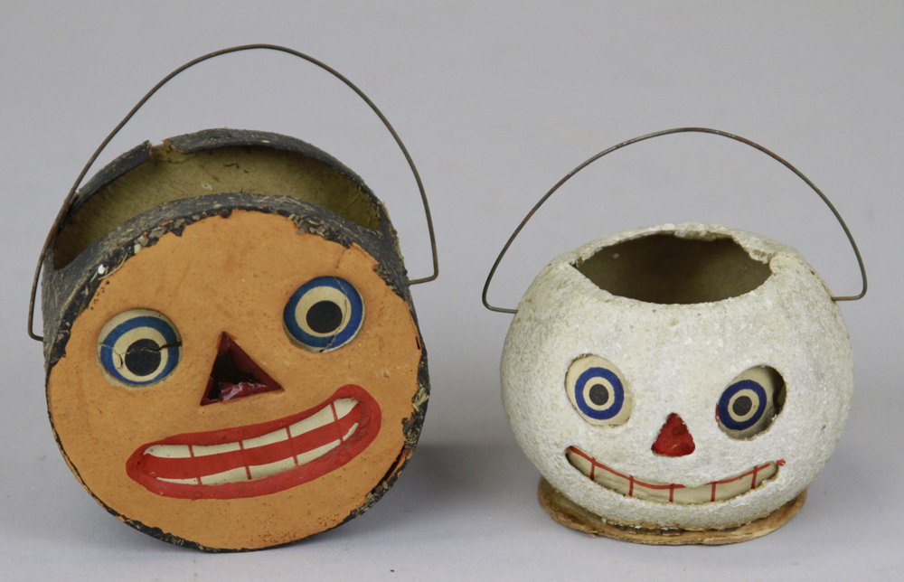 SNOWMAN PUMPKIN FACE & LOG FACE LANTERNS: Germany, pumpkin face paper insert lantern done in white paint, mica covering overall, bail handle with candle holder base, could have been a Christmas tree ornament, along with a Halloween Jack-O-Lan
