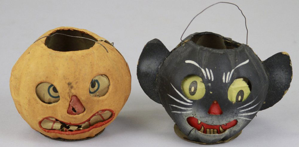 SMALL BLACK CAT & PUMPKIN JACK-O-LANTERN: Germany, black cat with extended ears & scary face paper insert, along with pumpkin Jack-O-Lantern, both marked "Germany" on base, both have separation at upper seams. 3" - 4".