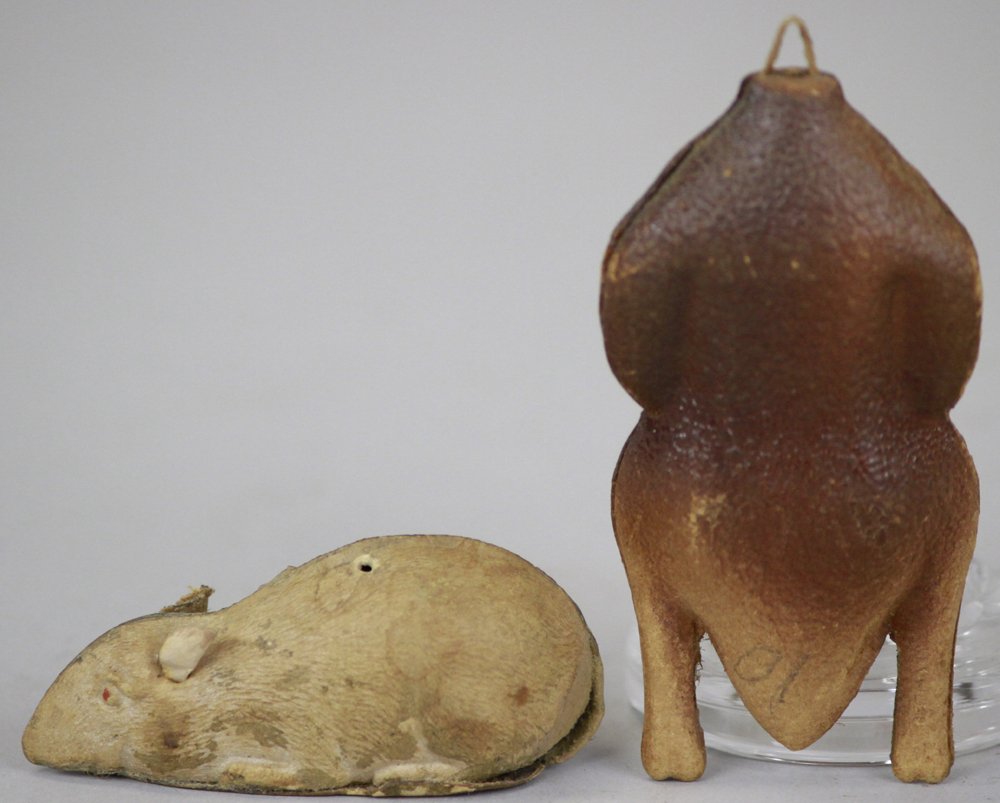 TURKEY AND MOUSE DRESDEN ORNAMENTS: Germany, Dresden turkey, ready for the table, and Dresden mouse with extended ears, but with no tail. 2" - 3" l.
