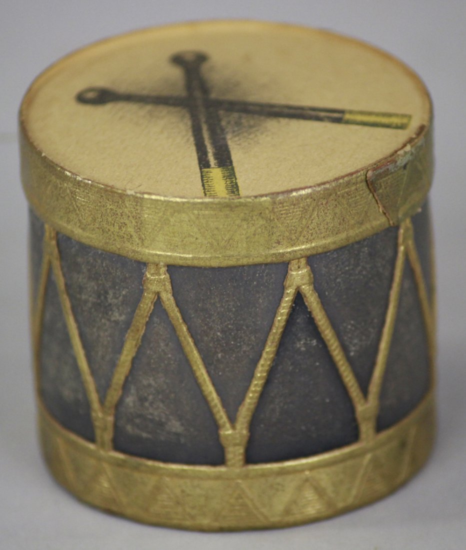 CHILD'S TOY DRUM CANDY CONTAINER: Germany, child's toy drum Dresden candy container, classic form in gold & black, top removes to expose candy. 1 3/4" l.
