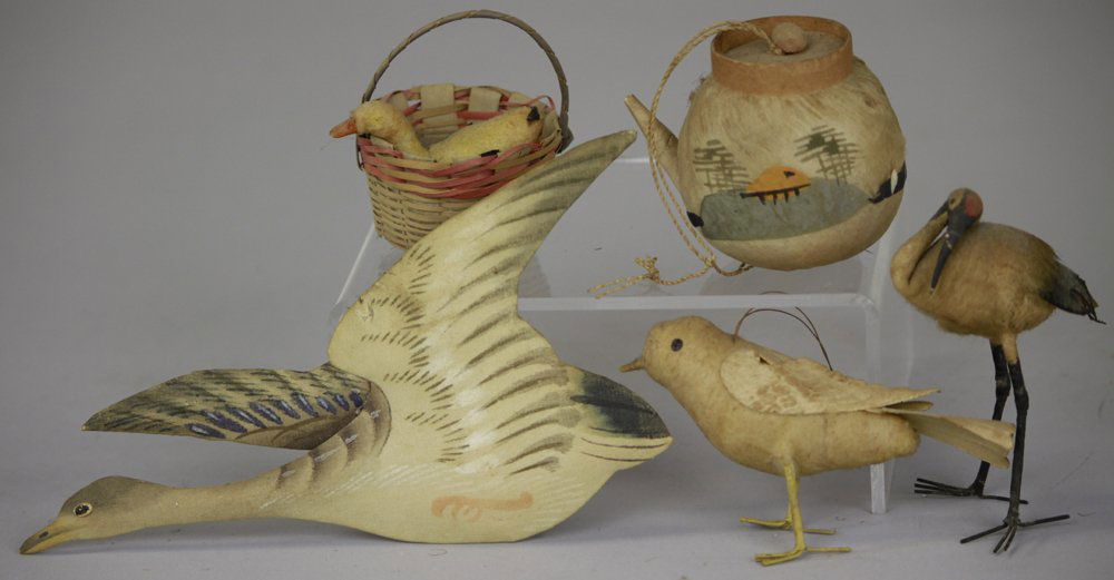FIVE PRESSED & SPUN CHRISTMAS TREE ORNAMENTS: Germany, cotton on cardboard goose in flight, nesting bird in basket, black bill crane, robin, and spun cotton tea pot. 2 1/2" - 6 3/4" l.