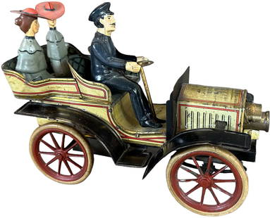 GERMAN FOUR SEAT OPEN TOURER: 46. GERMAN FOUR SEAT OPEN TOURER | Germany, c. 1905-1910, attributed to Karl Bub, lithographed tin, working wind-up motor. | 9" l. | Car is all original and figures are high quality replacements,