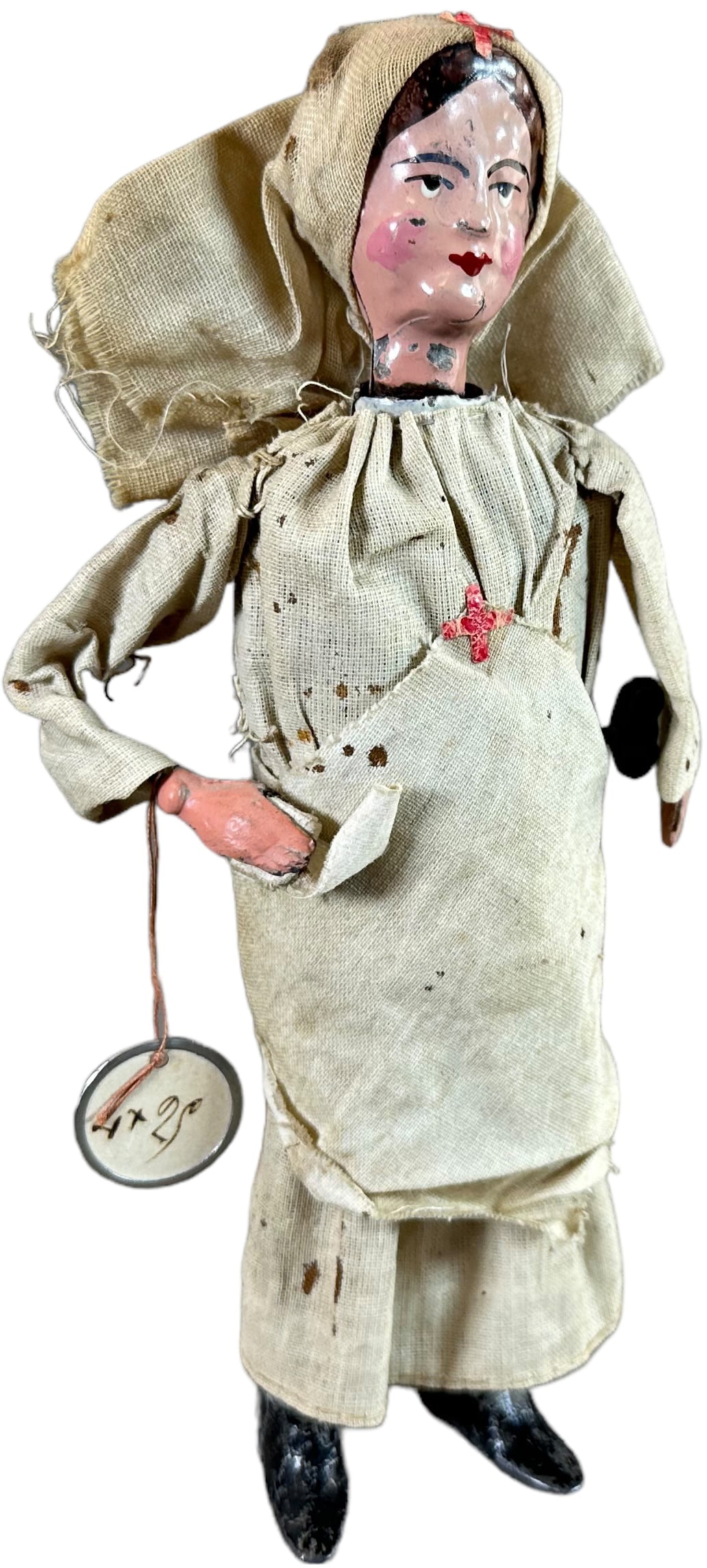 FERNAND MARTIN RED CROSS NURSE: 163. FERNAND MARTIN RED CROSS NURSE | France, "Dame De La Croix Rouge," circa 1913, hand painted face, cloth dressed with nurse's cap displaying the sign of the Red Cross, clockwork mechanism when wou
