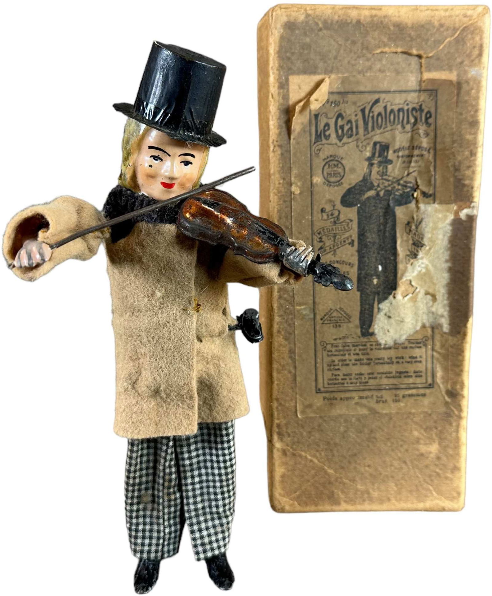 BOXED FERNAND MARTIN VIOLINIST: 164. BOXED FERNAND MARTIN VIOLINIST | France, " Le Gai Violoniste," circa 1897, very popular example, wind-up mechanism allows him to strum the violin while moving side to side. | 8" h. | Right hand a