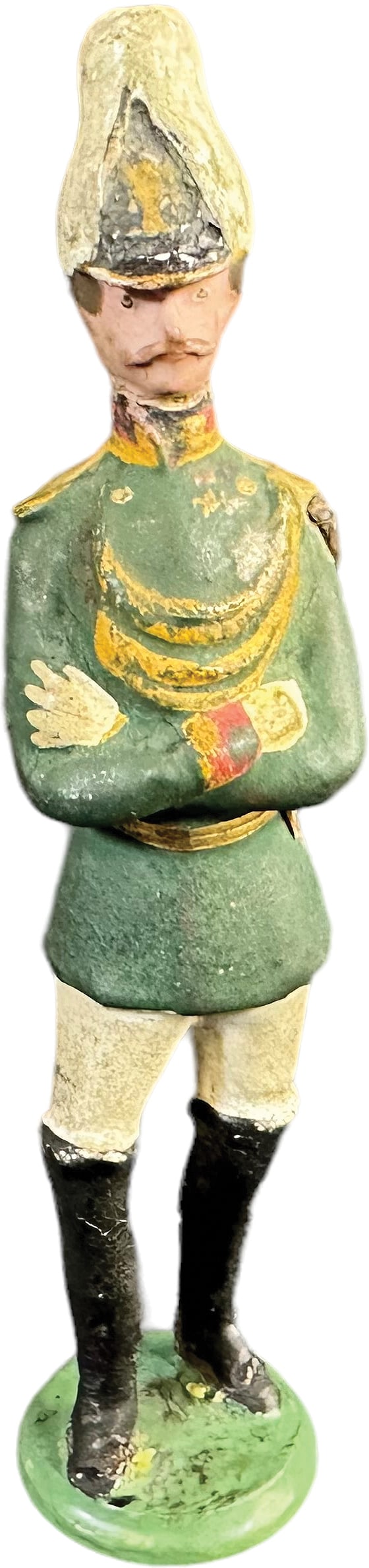 EARLY GERMAN MILITARY OFFICER FIGURE: 368. EARLY GERMAN MILITARY OFFICER FIGURE | Painted wood 19th century German officer. | 5.5" h. | Head has been re-glued, touch-up to black boots, otherwise (Excellent Condition) | $200 - $300