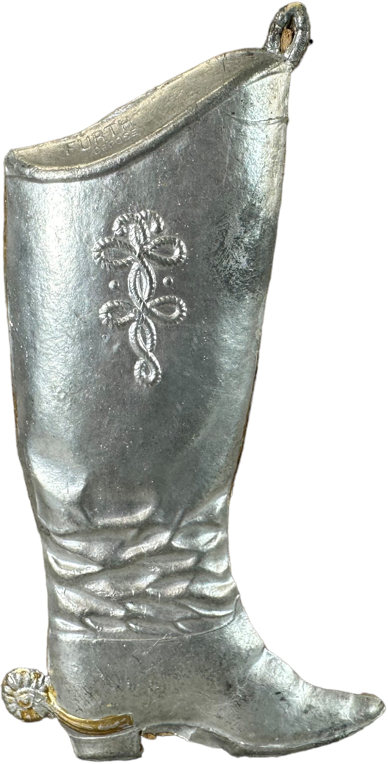 LARGE SILVER DRESDEN COWBOY BOOT: 1096. LARGE SILVER DRESDEN COWBOY BOOT | Large silver with gold highlights cowboy boot, embossed "FURTH DEPOSE". Ex: Maggie Rodgers Collection | 5.5" h. | (Excellent to Pristine Condition) | $300 - $4