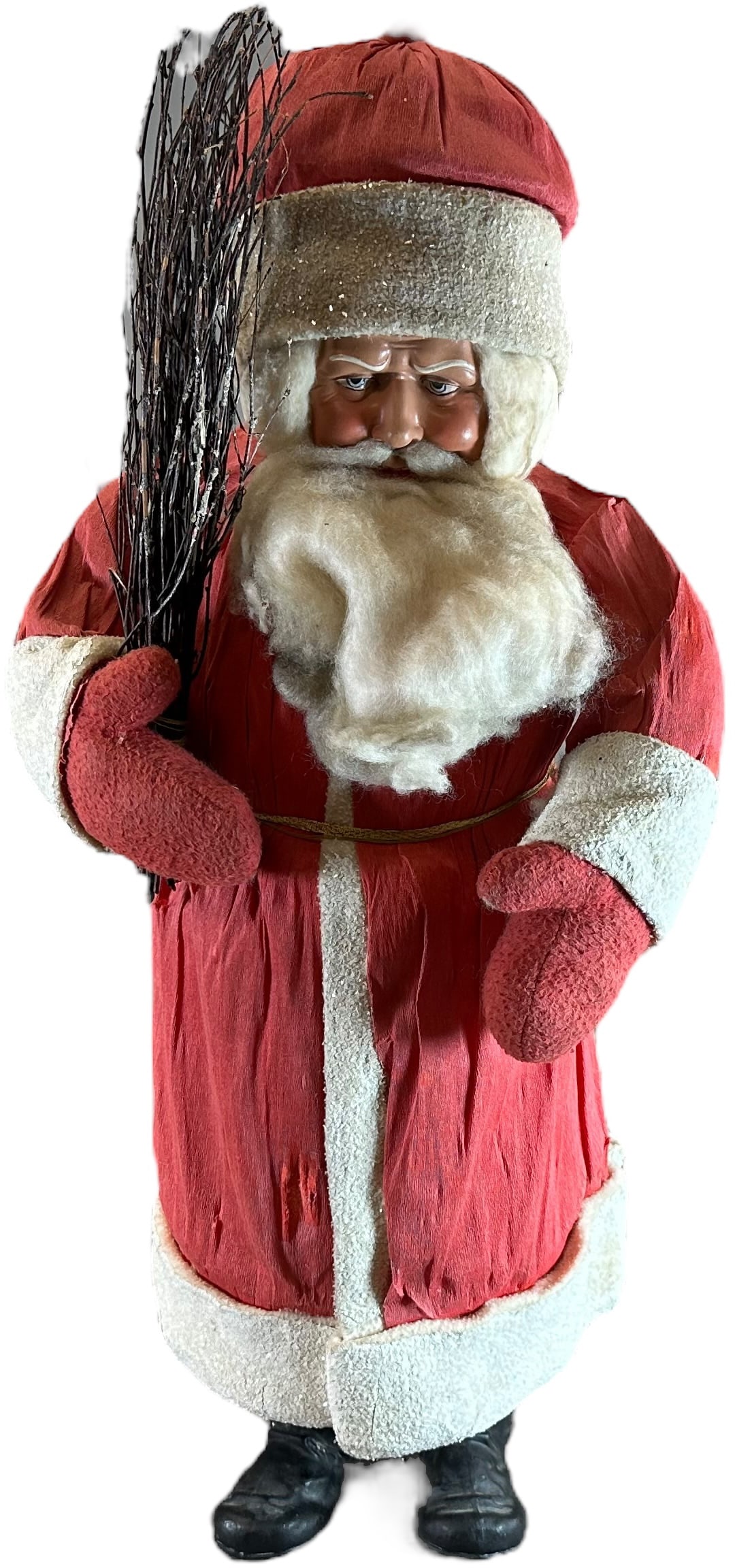 HUGE CREPE PAPER ROBE SANTA CONTAINER: 1125. HUGE CREPE PAPER ROBE SANTA CONTAINER | 30" h. | Boots have some cracks and glue repairs, some tears to crepe clothing, overall (Excellent Condition) | $1,200 - $1,800