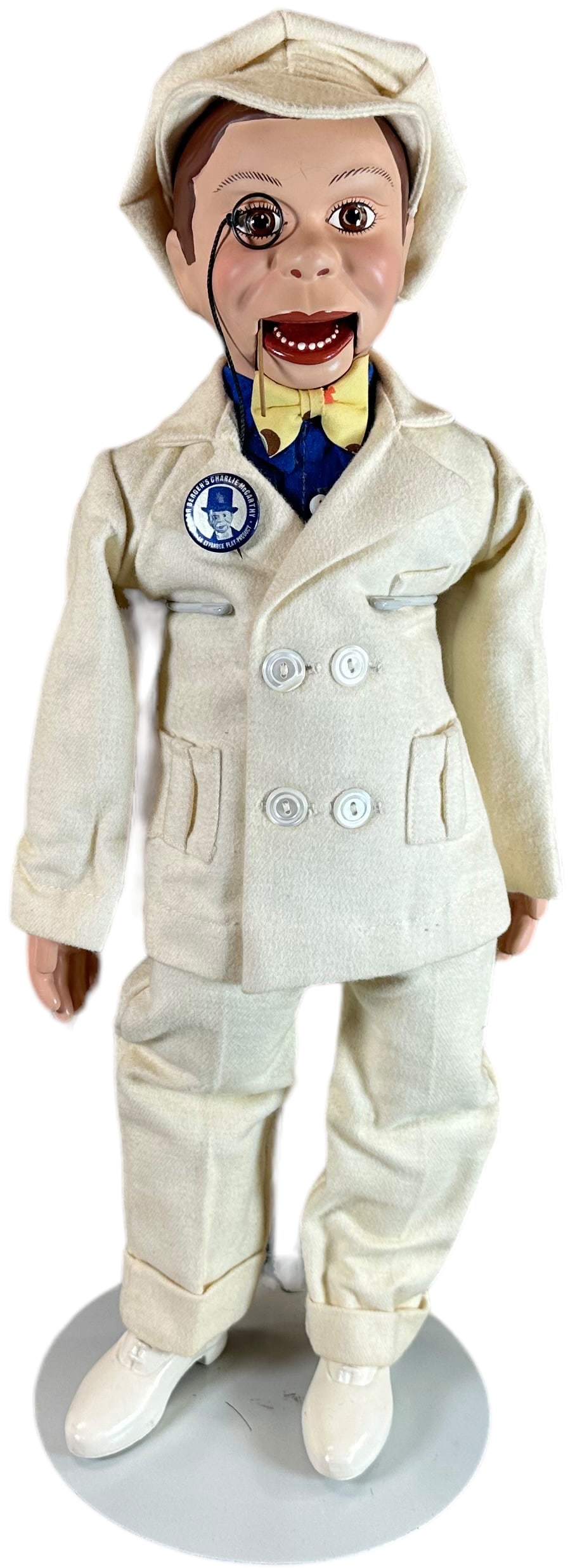 EFFANBEE CHARLIE MCCARTHY VENTRILOQUIST DOLL: 1151. EFFANBEE CHARLIE MCCARTHY VENTRILOQUIST DOLL | c. 1930, composition, scarce white suit, original monocle, age crazing to head. String intact, but lower jaw disengaged. | 19" h. | (Pristine Condi