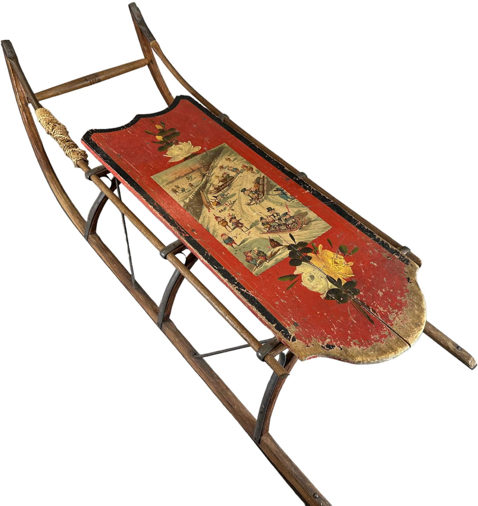 PALMER COX TRANSFER ON SLEIGH: 1157. PALMER COX TRANSFER ON SLEIGH | Rare, vibrant image of Brownies involved in winter activities. | 36" l. | Sled shows wear from use, one support broken, overall (Excellent Condition) | $500 - $75