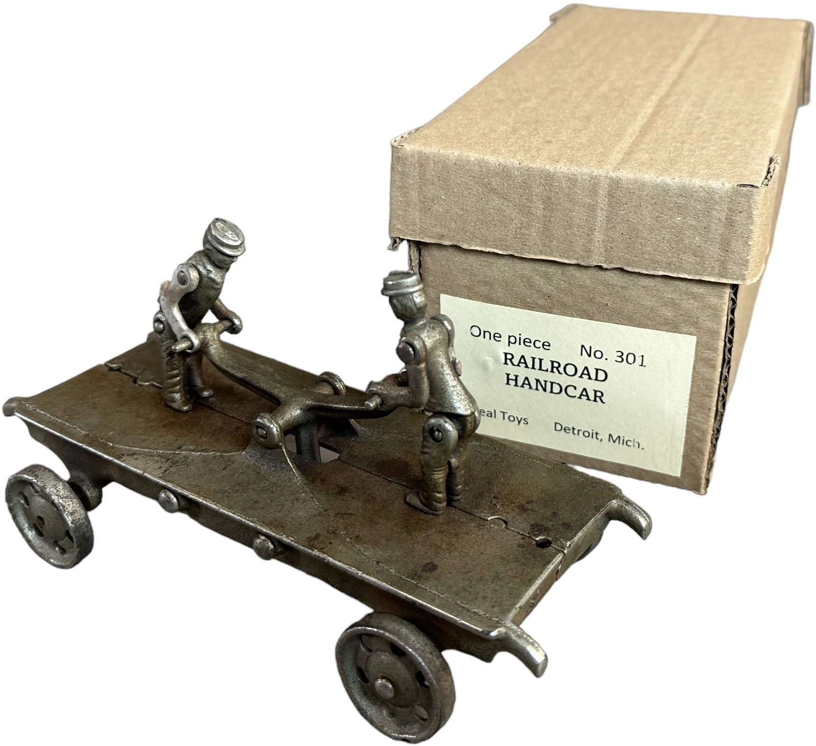 IDEAL NICKEL PLATED ARTICULATED HANDCAR: 1362. IDEAL NICKEL PLATED ARTICULATED HANDCAR | Nickel plated handcar. Gandy dancers pump the handles up and down as the car is pulled along. From the Rick Ralston Collection. | 8" l. | One arm replac