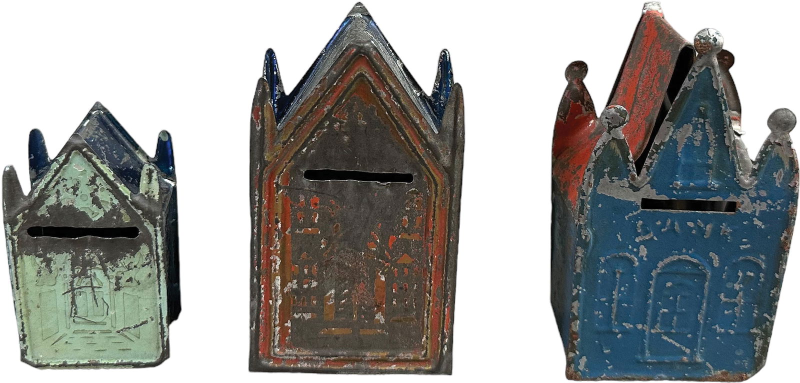 THREE SMALL AMERICAN TIN BUILDING BANKS (1 of 5)