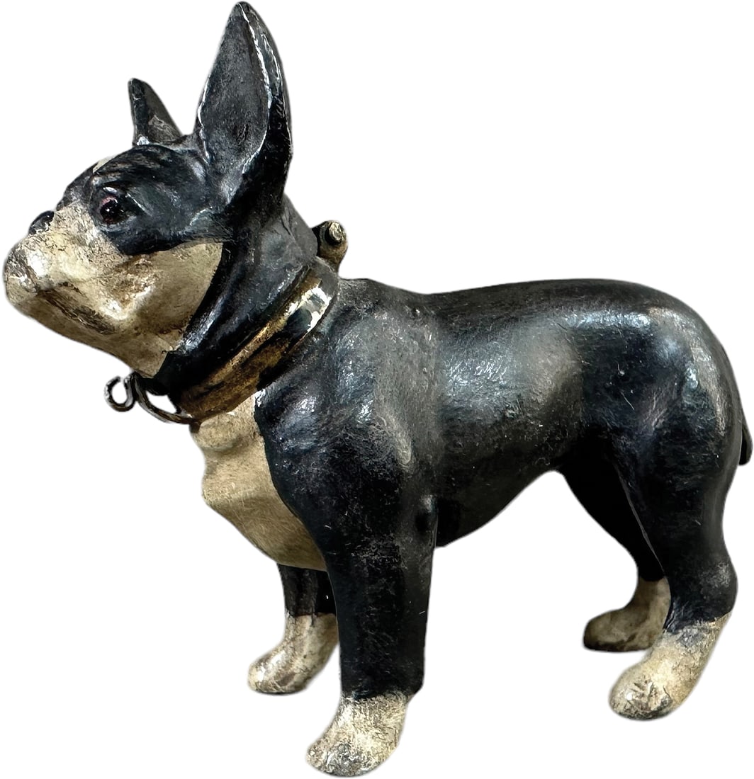 FRENCH BULLDOG CIGARETTE LIGHTER: 2202. FRENCH BULLDOG CIGARETTE LIGHTER | Hinged head reveals striker and wick, body holds lighter fluid. | 2.5" h. | (Pristine Condition) | $50 - $100