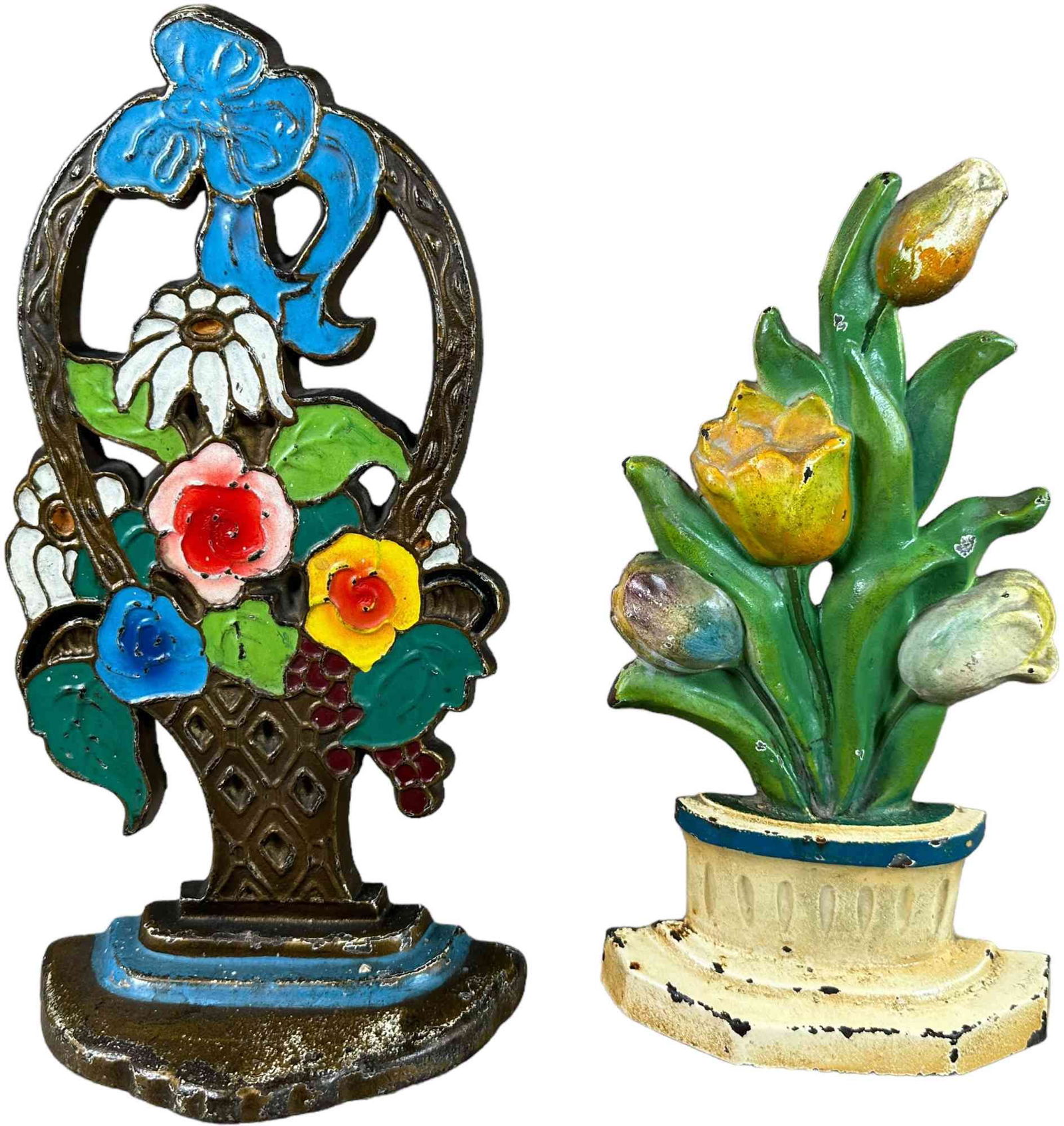 LACS TULIPS & FLOWER BASKET DOORSTOPS: 2260. LACS TULIPS & FLOWER BASKET DOORSTOPS | Tulips LACS 770 & Flower basket LACS 745 | 12" h. | (Excellent Condition) | $150 - $300