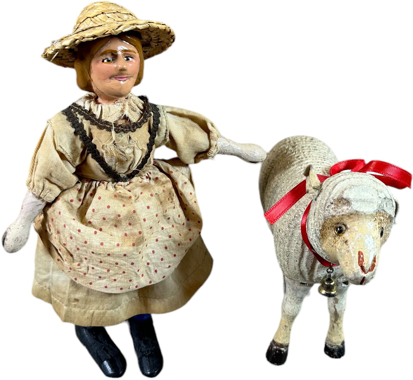 SCHOENHUT MARY & GLASS-EYE LAMB: 2300. SCHOENHUT MARY & GLASS-EYE LAMB | 8" h. | Face on Mary shows some repaint, otherwise in (Excellent Condition) | $300 - $600