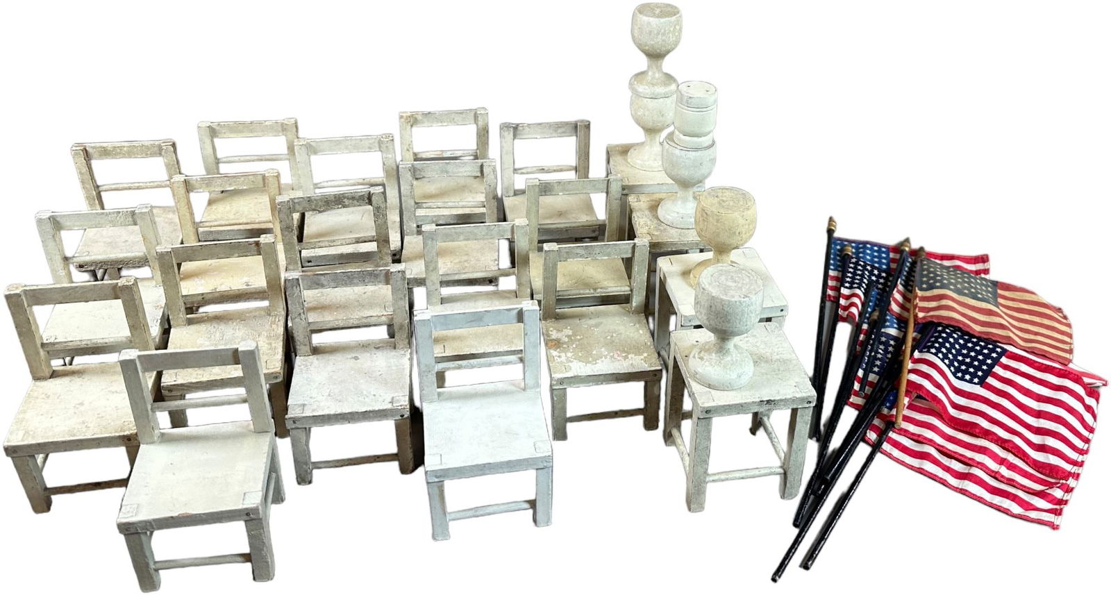 SCHOENHUT ACCESSORY GROUPING: 2304. SCHOENHUT ACCESSORY GROUPING | Includes chairs, goblets and flags. | 5.5" h. chair. | (Very Good to Excellent Condition) | $150 - $300