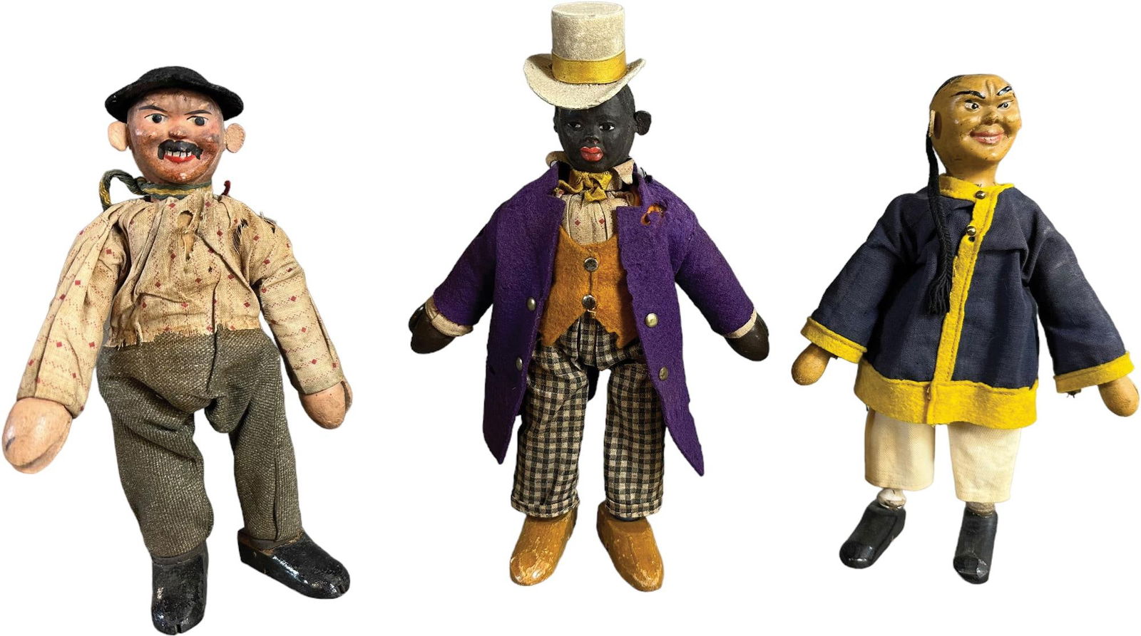 SCHOENHUT HOBO W/ BLACK DUDE & CHINAMAN: 2315. SCHOENHUT HOBO W/ BLACK DUDE & CHINAMAN | 8" h. | Ear replaced on Hobo, one ear missing and clothes distressed on Black Dude, Chip to one foot on Chinaman, (Very Good to Excellent Condition) | $