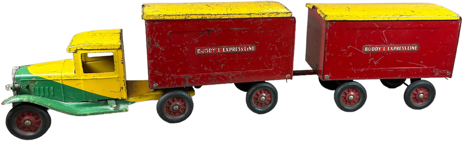 BUDDY L EXPRESS LINE TANDEM: 2367. BUDDY L EXPRESS LINE TANDEM | 14" l. caboose | Original roofs and rear doors, (Very Good to Excellent Condition) | $300 - $600