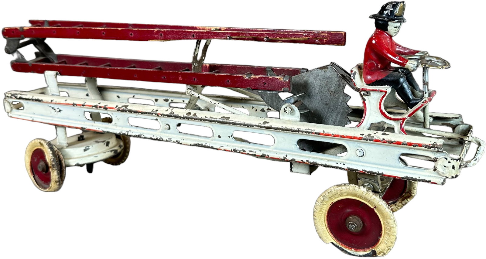 KINGSBURY AERIAL LADDER TRUCK: 2371. KINGSBURY AERIAL LADDER TRUCK | 19" l. | Some pieces of white rubber tire missing, (Very Good Condition) | $200 - $400
