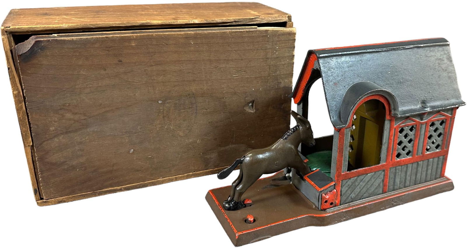 BOXED MULE ENTERING BARN MECHANICAL BANK (1 of 17)