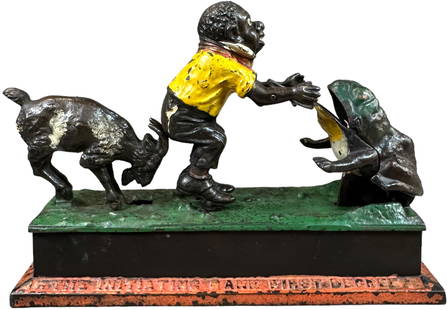 INITIATING FIRST DEGREE MECHANICAL BANK: 42. INITIATING FIRST DEGREE MECHANICAL BANK | Mechanical Novelty Works, far above average paint grade for this desirable bank, yellow shirt version, this bank often suffers from cracks and repairs due