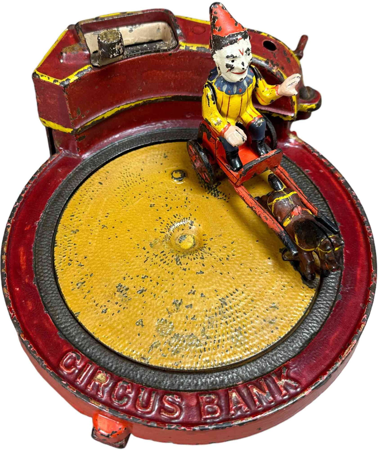 CIRCUS BANK MECHANICAL BANK: 78. CIRCUS BANK MECHANICAL BANK | J&E Stevens Co., another very popular circus theme, replacement removable handle at rear operates the bank, as it's cranked the clown rides pony cart in a circle and