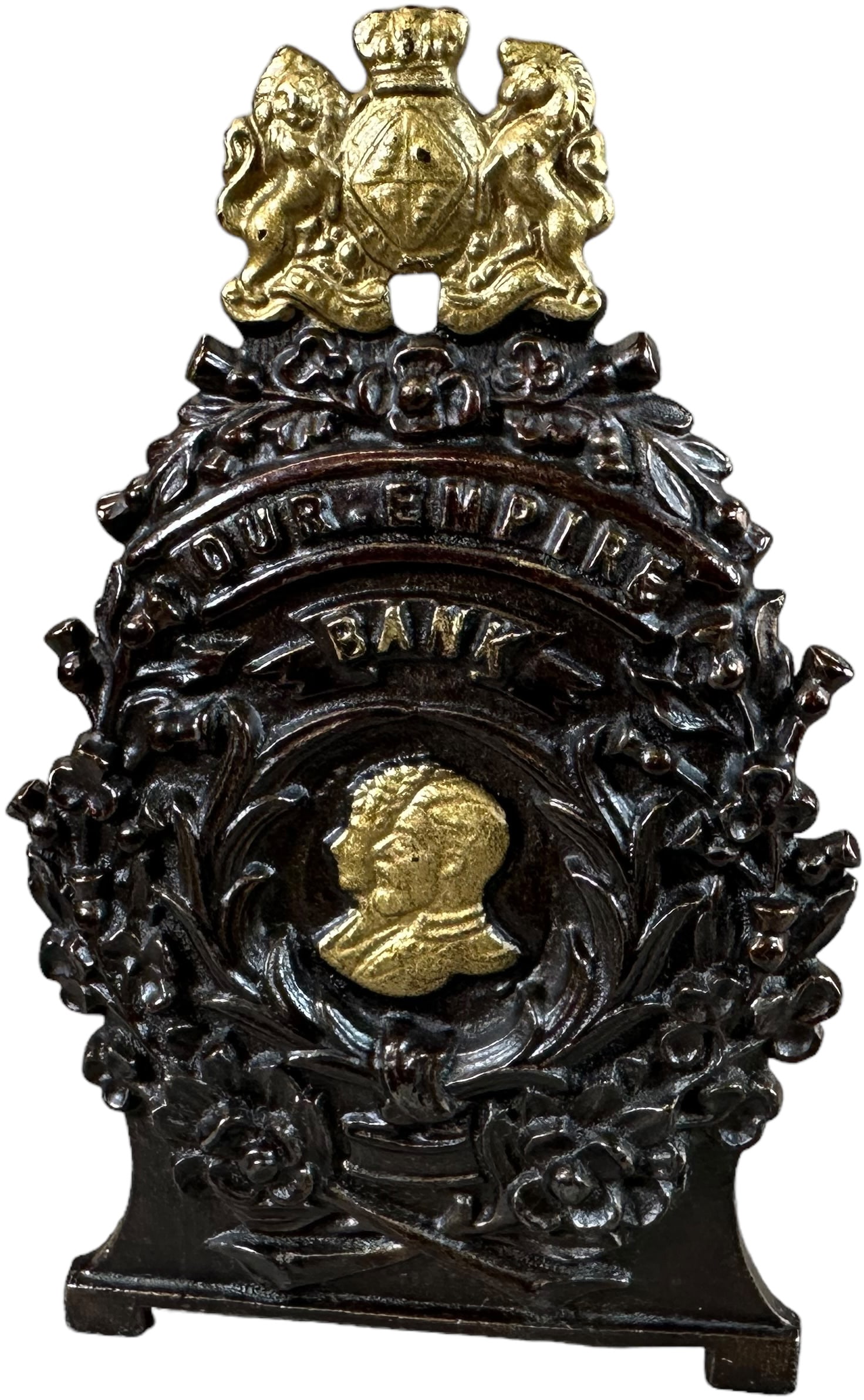 OUR EMPIRE STILL BANK: 162. OUR EMPIRE STILL BANK | Sydenham & McOustra, England, circa 1910. | Provenance: The John & Adrianne Haley Collection. | 6.5" h. | (Pristine to Near Mint Condition) | $200 - $300