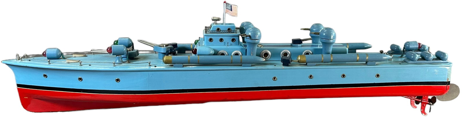 LARGE JAPANESE WOODEN BATTLESHIP: 116. LARGE JAPANESE WOODEN BATTLESHIP | Battery-operated. | 31.5" l. | Plastic flag is added, boat is all original with very slight paint flaking on side with tiny crack at edge, (Excellent to Pristin