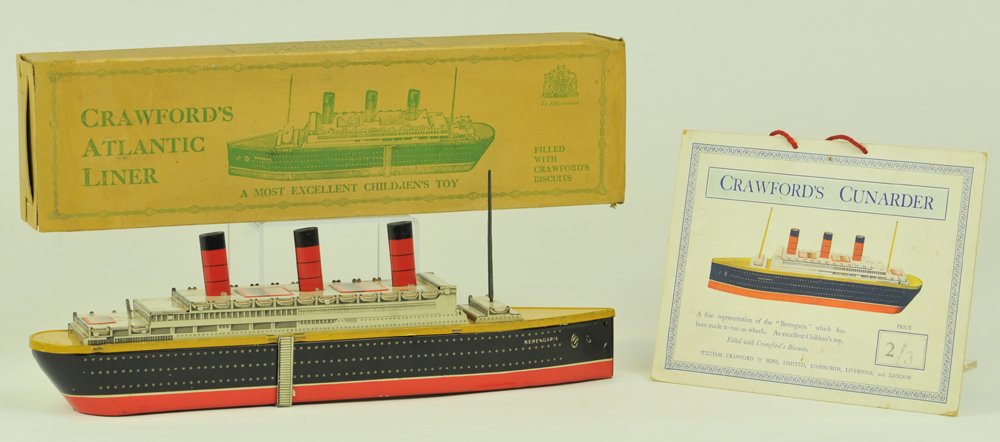 CRAWFORD'S BOXED BERENGARIA BISCUIT TIN: Germany, includes advertising sign for Crawford's Cunarder lithographed tin, ocean liner marked "Berengaria," features upper deck cabin with three stacks and two removable masts, interesting features 