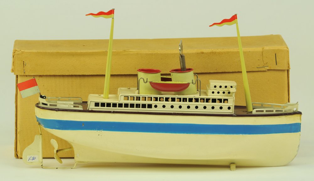FLEISCHMANN OCEAN LINER WITH BOX: Germany, #540/30, c. 1930's, lithographed tin with hand painted hull in blue band and white overall, features upper deck cabin, two masts, two stacks, and two lifeboats, clockwork driven. 12" l.