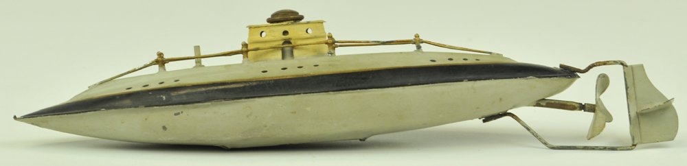ARNOLD SUBMARINE: Germany, #2004, c. 1920, hand painted in grey hull, black and gold accent lines, conn at center, gun on board, support wires, fully railed and painted in gold, clockwork powered. 12" l.